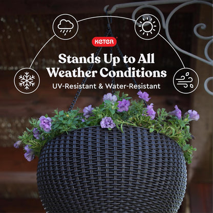 Keter Resin Rattan Set of 2 Round Hanging Planter Baskets for Indoor and Outdoor Plants-Perfect for Porches and Patio Decor, Cappuccino