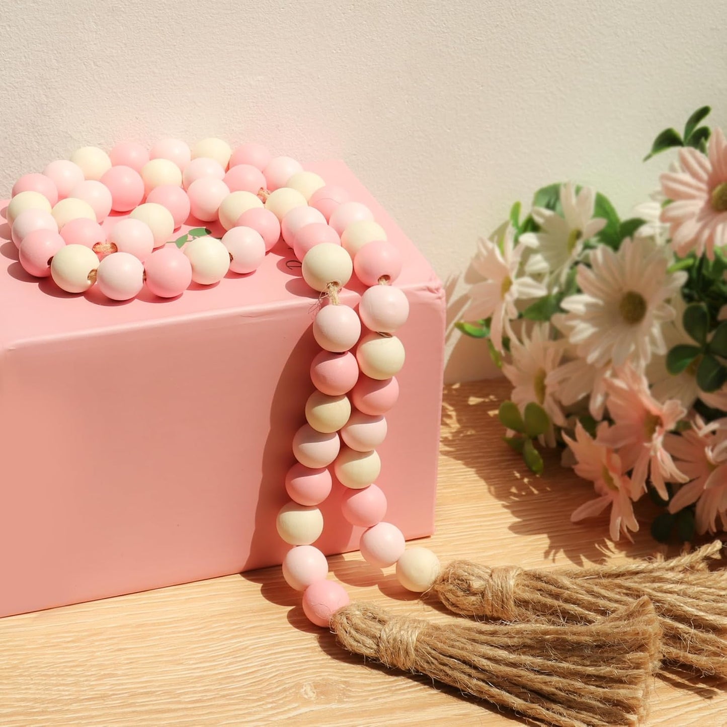 Meplait Wood Bead Garland, 39in Farmhouse Beads with Tassels for Tiered Tray Decor