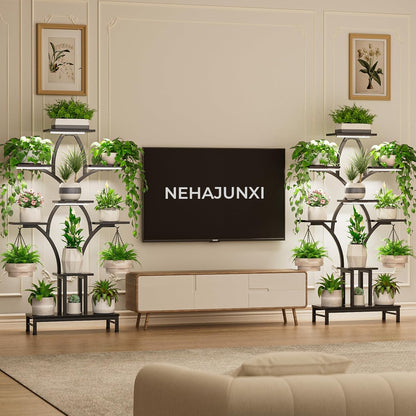 Plant Stand Indoor with 4 Grow Lights - 63" Tall Plant Shelf- 8 Tiered Corner Plant Flower Stands Display Shelves for Home, Patio (Brown)