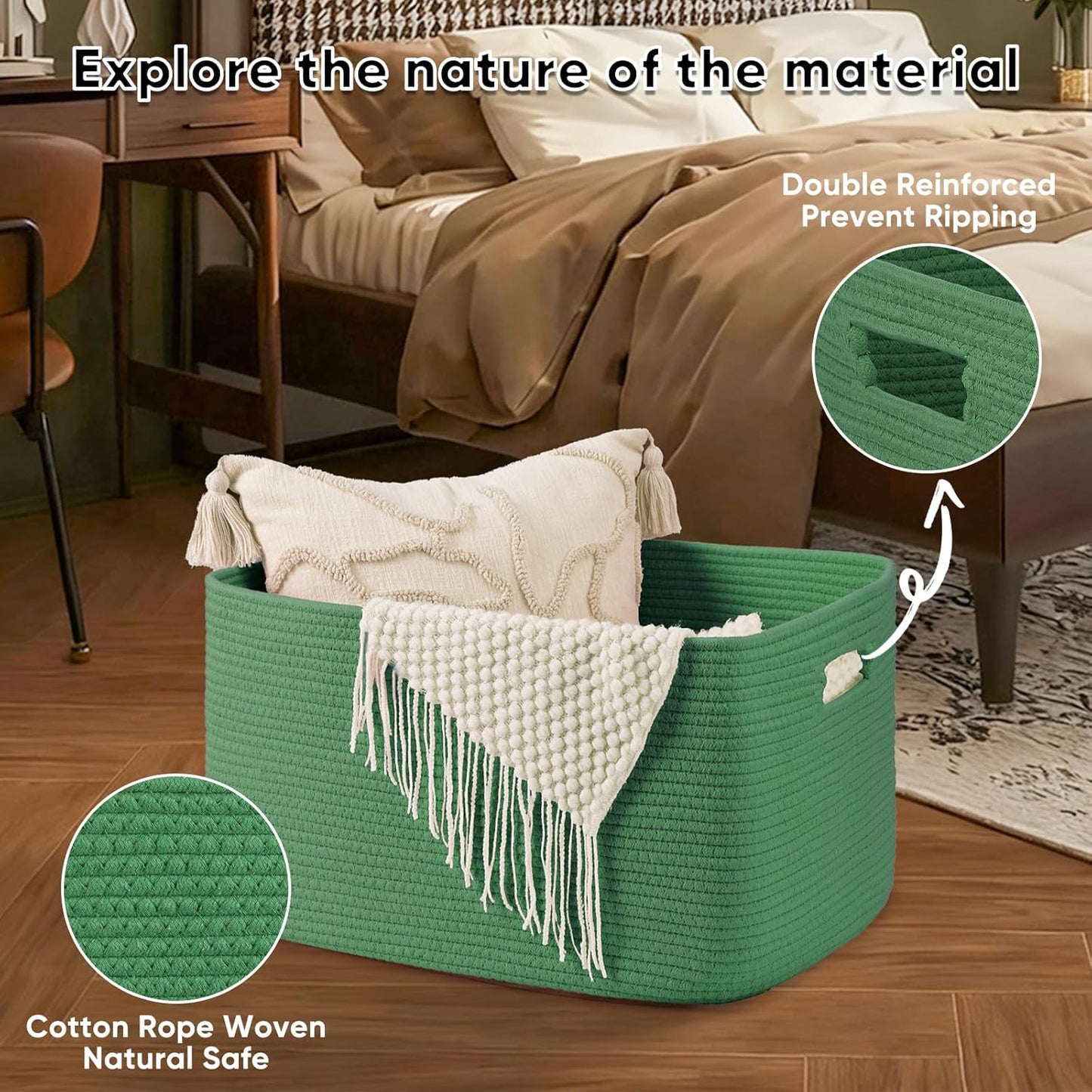 OIAHOMY 75L Large Woven Cotton Rope Storage Basket with Handle for Organizing Blanket and Toys for Living Room, Nursery, Brown Variegated 22”x17”x12”