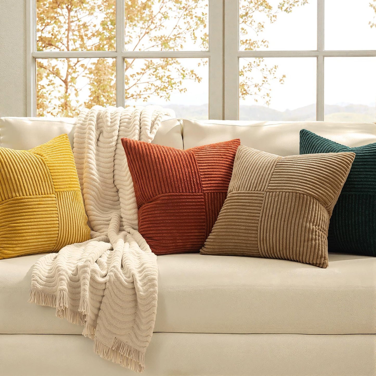 MIULEE Teal Orange Decorative Throw Pillow Covers 18x18 Inch Set of 4 Boho Corduroy Striped Cushion Cases Modern Farmhouse Patchwork Pillow Cases for Couch Sofa Bedroom Home Decor