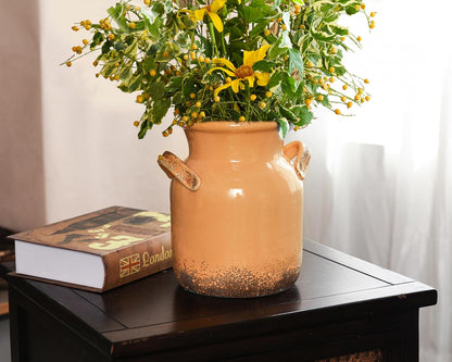 Quoowiit Ceramic Rustic Farmhouse Vase, Distressed Decorative Flower Vases for Home Decor, Ideal Shelf Decor, Green Boho Vase for Living Room Bedroom Kitchen Office Centerpiece Table Decorations