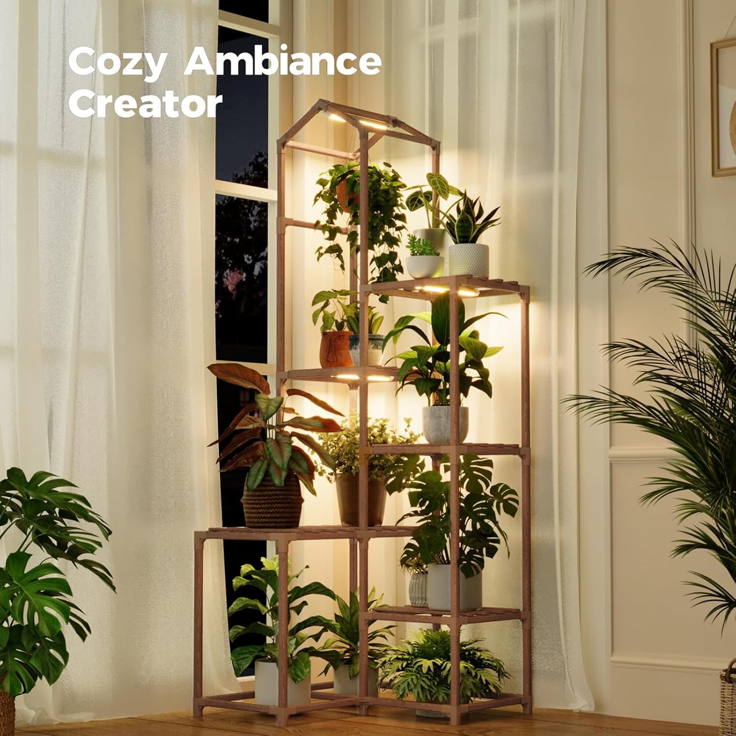Bamworld Plant Stand Indoor with Grow Lights Wood Plant Shelf for Hanging Planter Pots Display Flower Stand for Living Room Patio Garden Decor