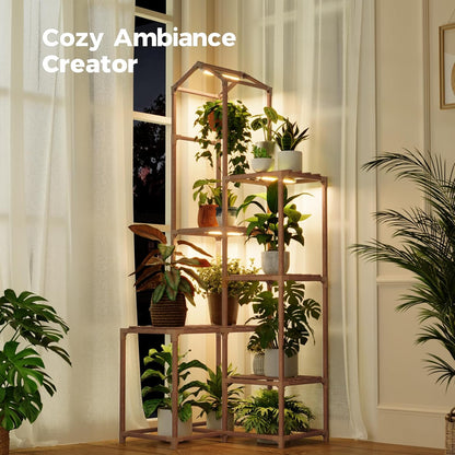 Bamworld Plant Stand Indoor with Grow Lights Wood Plant Shelf for Hanging Planter Pots Display Flower Stand for Living Room Patio Garden Decor
