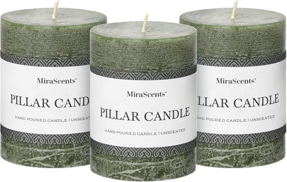 3x6 Inch Sage Green Pillar Candles Set of 3 - Unscented Spring, Long Clean Burning, Large Smokeless Dripless for Home Decor, Dinner Table, Bathroom, Rustic Decor