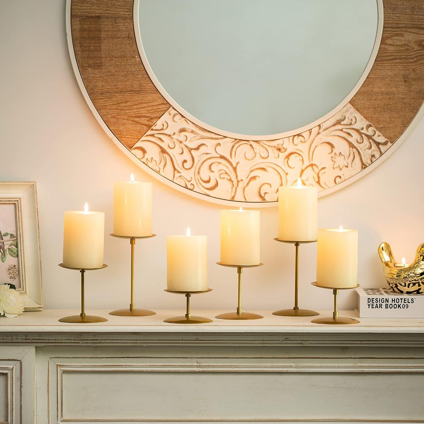 Pillar Candle Holders Candelabra Gold - Set of 12 Bulk Candle Stand Iron Plate Minimalism Modern Home Mantel Dinning Table Decorations Centerpiece for Wedding, Party, Housewarming, Events