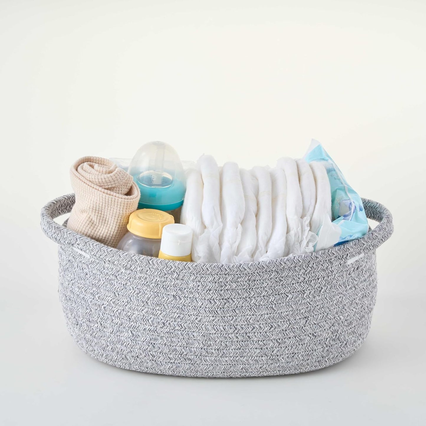 Small Woven Gift Basket Empty with Bag & Ribbon - Gifts for Mom, Baby Shower, Birthdays & Raffle - Cotton Rope Storage Basket for Dog Toys or Shelf - 12"x8"x5", White