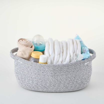 Small Woven Gift Basket Empty with Bag & Ribbon - Gifts for Mom, Baby Shower, Birthdays & Raffle - Cotton Rope Storage Basket for Dog Toys or Shelf - 12"x8"x5", White
