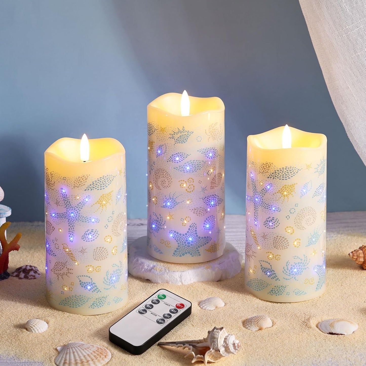 Eywamage Fiber Optic Flameless Pillar Candles with Remote Set of 3, Butterfly Floral Spring LED Candles Battery Operated Gift Φ 3" H 6"