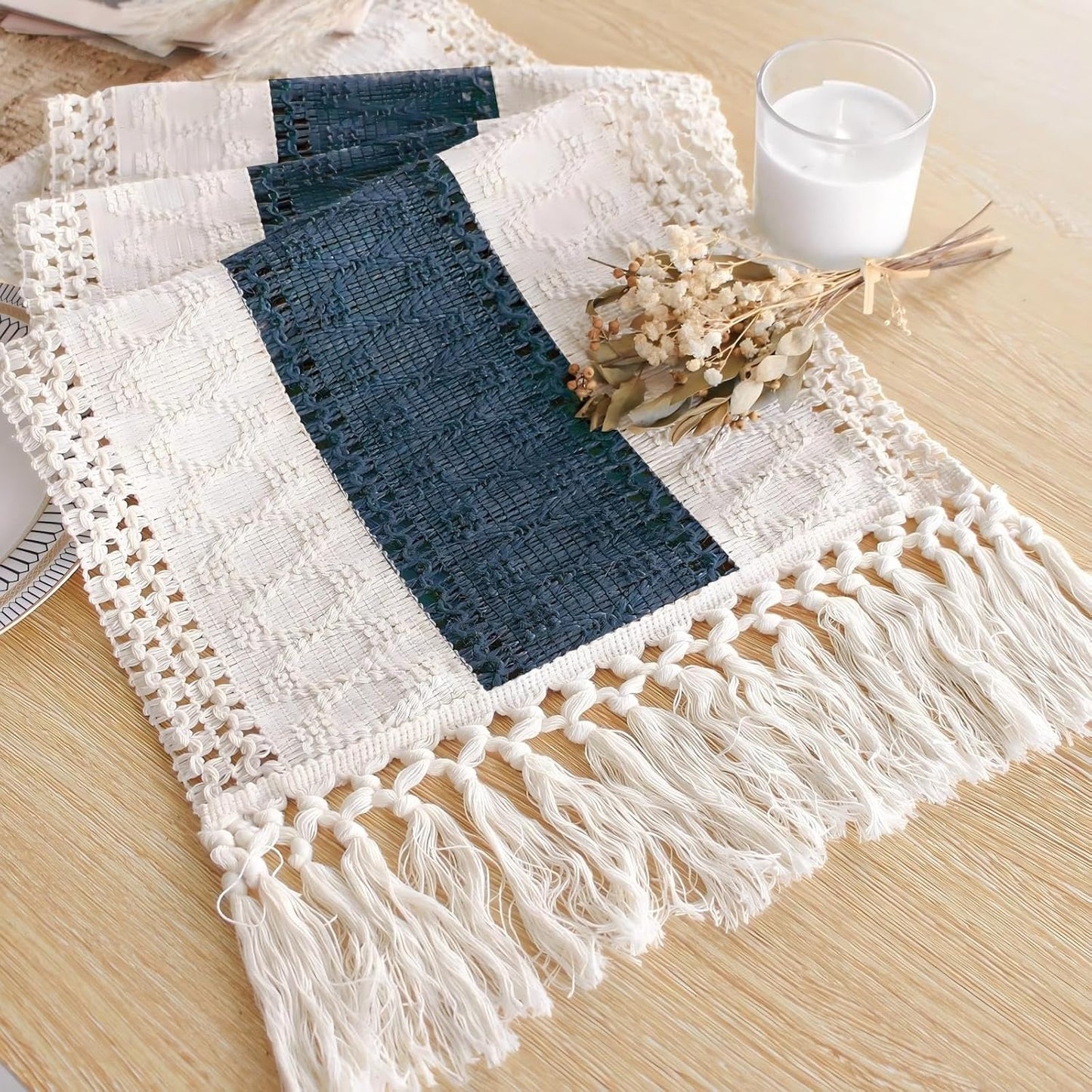 FEXIA Boho Table Runner for Thanksgiving Fall Christmas Home Decor with Tassels 72 Inches Long Pottery barn Furniture Farmhouse Rustic Macrame Burlap Table Decoration for Living Room (12x72 Inches)