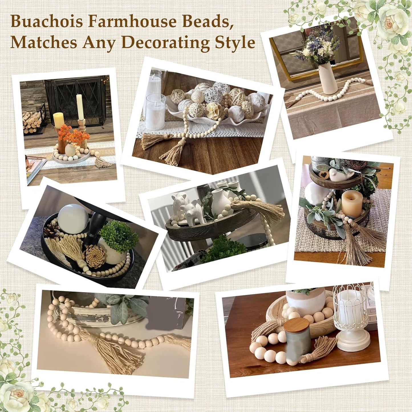 Buachois Farmhouse Beads 24in Wood Bead Garland with Tassels Rustic Country Decor Prayer Wall Hanging Bead Decoration for Gifts Ornamen