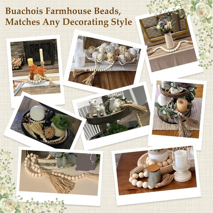 Buachois Farmhouse Beads 24in Wood Bead Garland with Tassels Rustic Country Decor Prayer Wall Hanging Bead Decoration for Gifts Ornamen