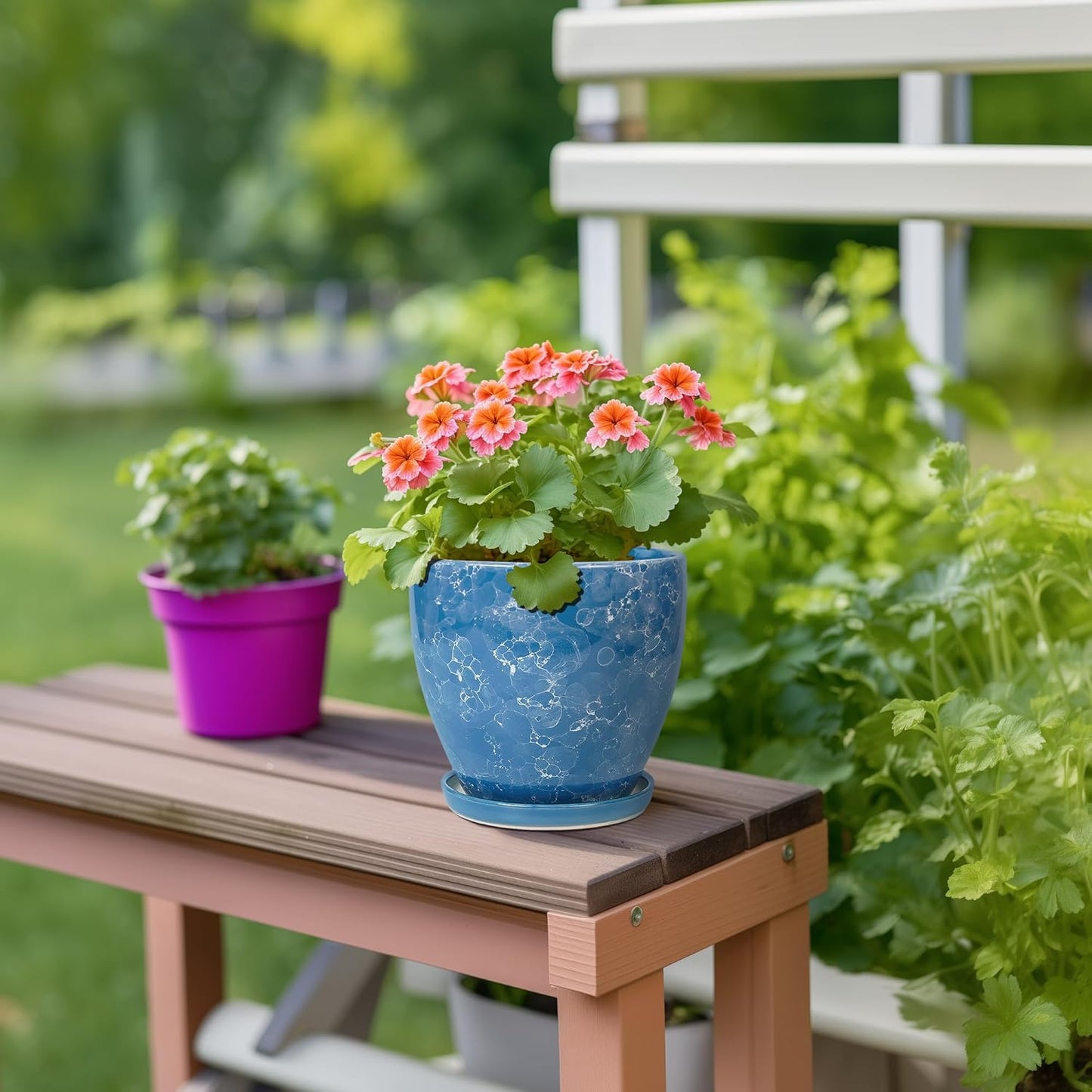 10 Inch Ceramic Planter Pot Round Plant Pot for Indoor Plants Outdoor Large Flower Pot with Drainage Hole and Saucer Blue