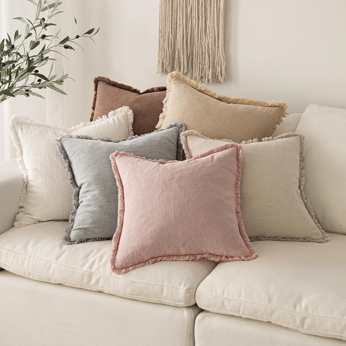 MIULEE Decorative Throw Pillow Covers Neutral Linen Fringe Throw Pillows Set of 2 Natural Beige Boho Farmhouse Cushion Covers with Tassels for Couch Sofa Bed Spring Home Decor 20x20 Inch