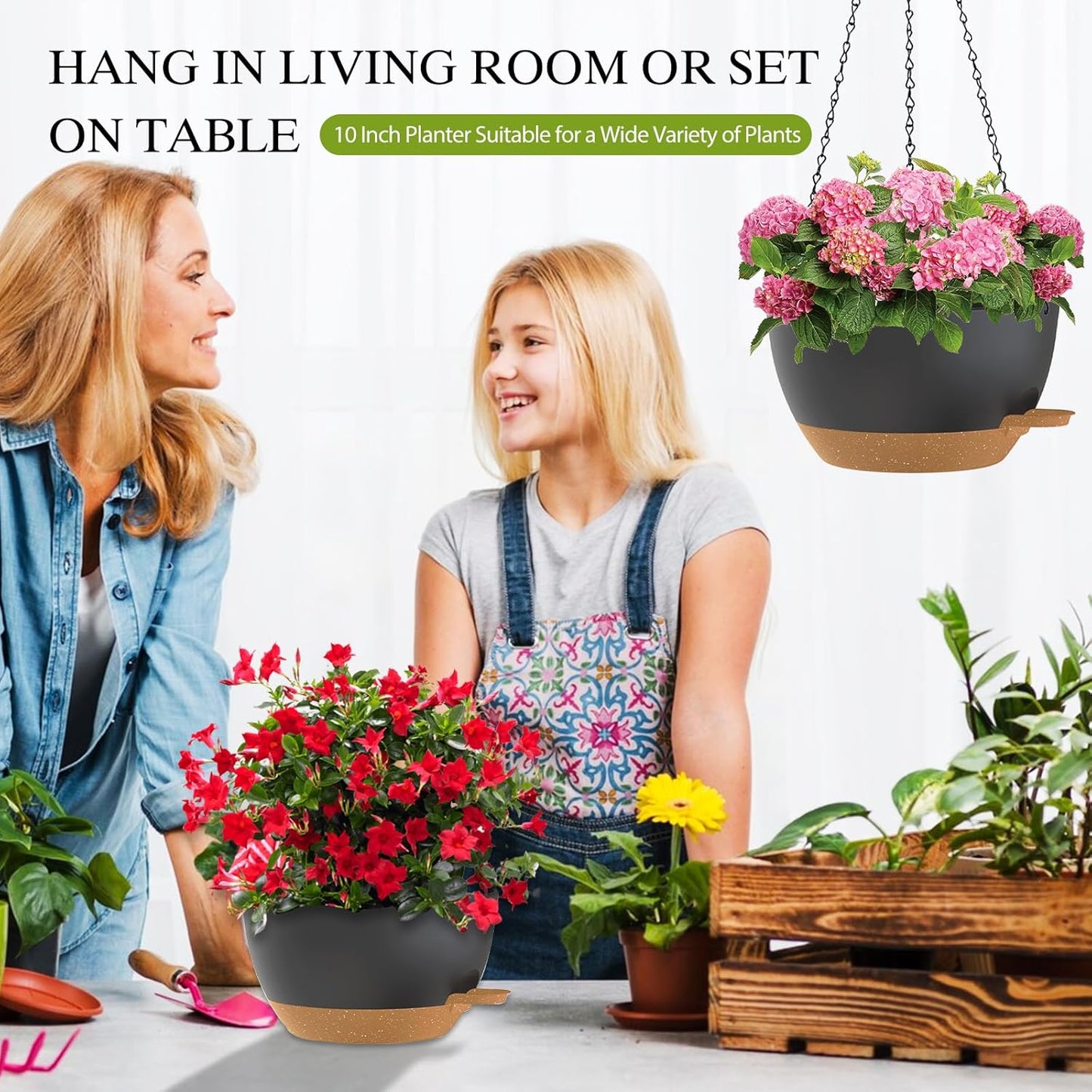 12 Inch Hanging Baskets 2 PC with Chains, Self-Watering Hanging Planters for Indoor Outdoor Plants, Plastic Hanging Flower Pots,Black