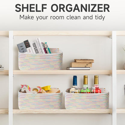 3-Pack Small Storage Baskets for Organizing | Woven Shelf Toy Basket | Rope Baskets for Gifts Empty | Closet Organizer Bins with Handles | Cube Decorative Box | 11.8×7.8×5.1” | Mixed brown