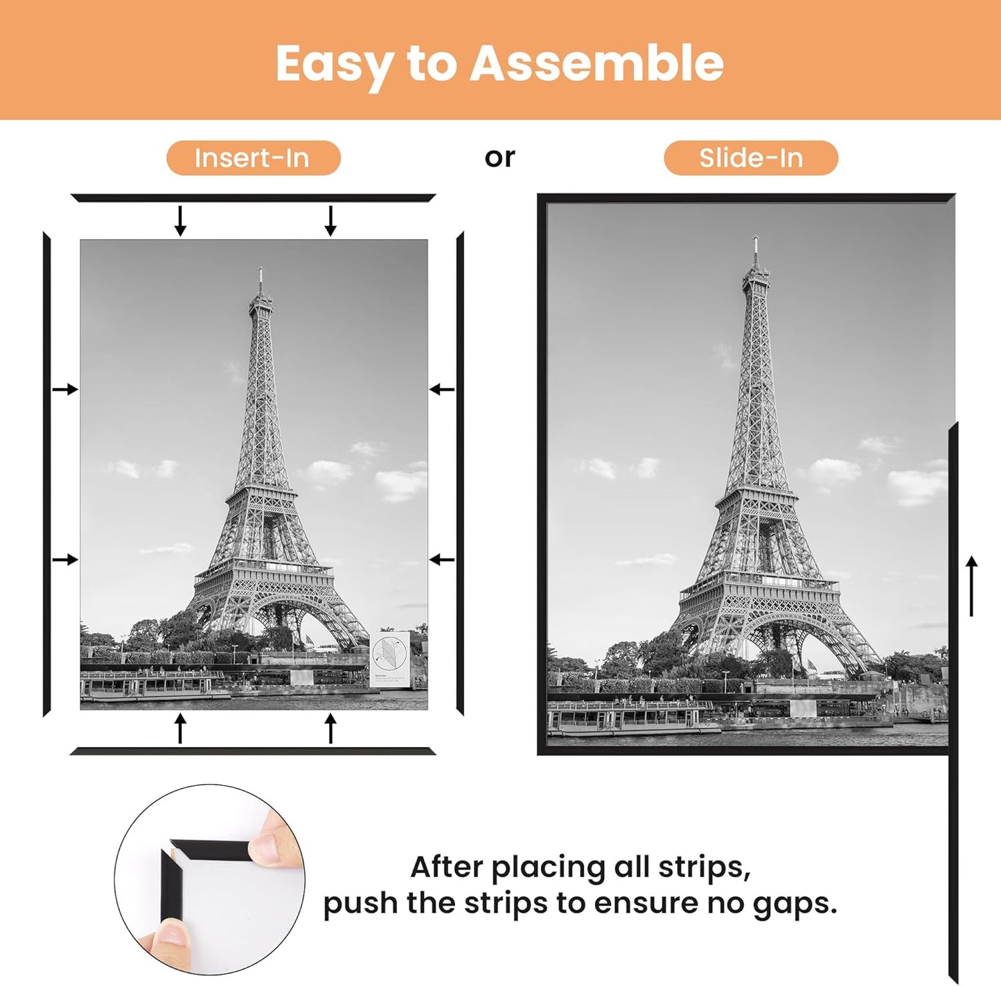 upsimples 18x24 Picture Frame Black 3 Pack, Scratch-Proof Poster Frames 18 x 24 for Photo Gallery - Slide-In Strips, Horizontal or Vertical Wall Mounting