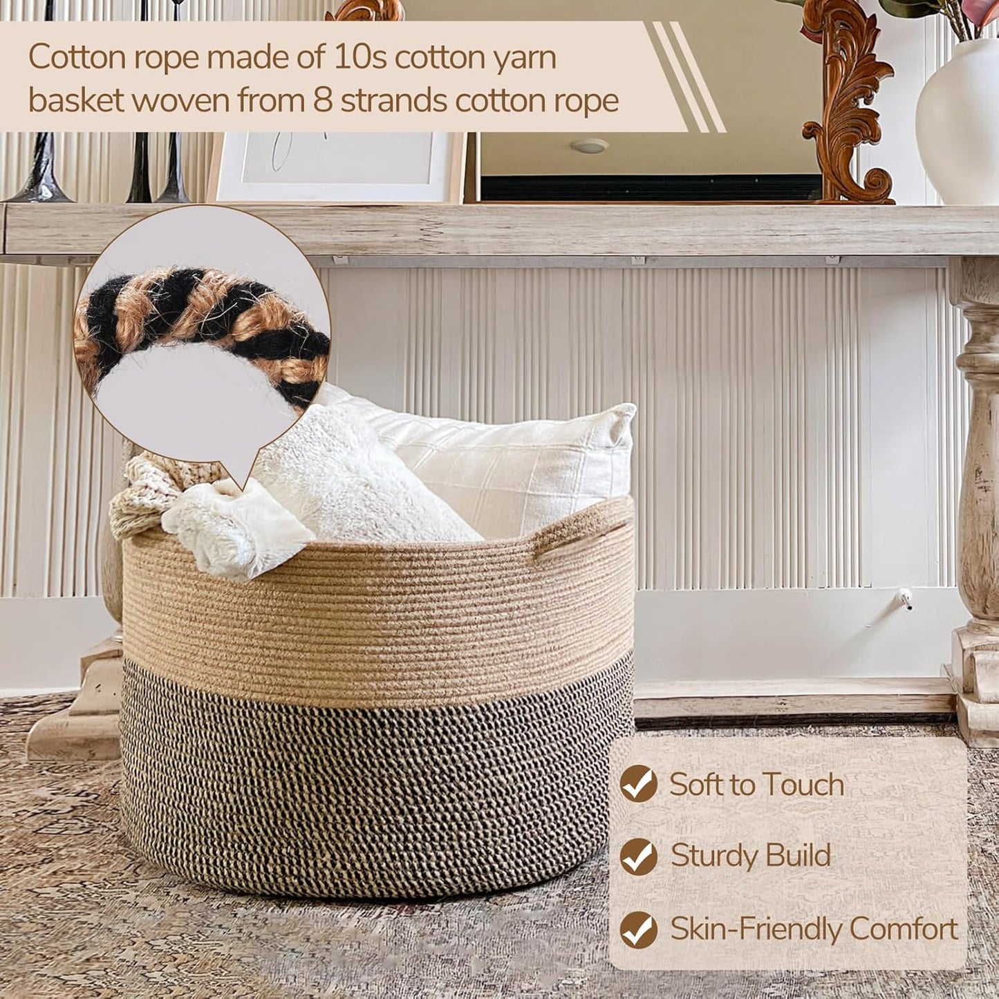 INDRESSME XXXLarge Blanket Basket for Living Room 21.7" x 21.7" x 13.8"-Storage Basket with Handle for Organizing Toy Pillows Woven Cotton Rope Laundry Basket Stuffed Animal Toy Storage for Play Room