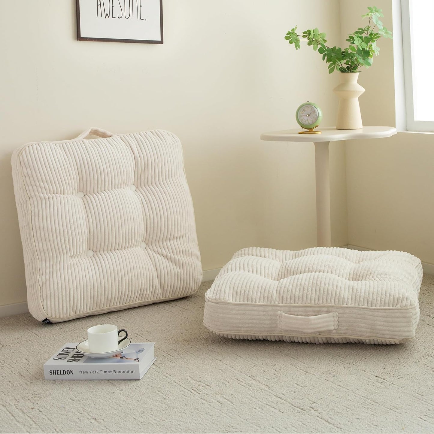 HIGOGOGO 6" Extra Thick Floor Pillow Cushion for Adults, Meditation Cushion Pillow, Large Square Floor Sitting, Tufted Corduroy Cover, for Tatami Living Room or Yoga, 22x22 Inch, 2Pack, Dark Grey