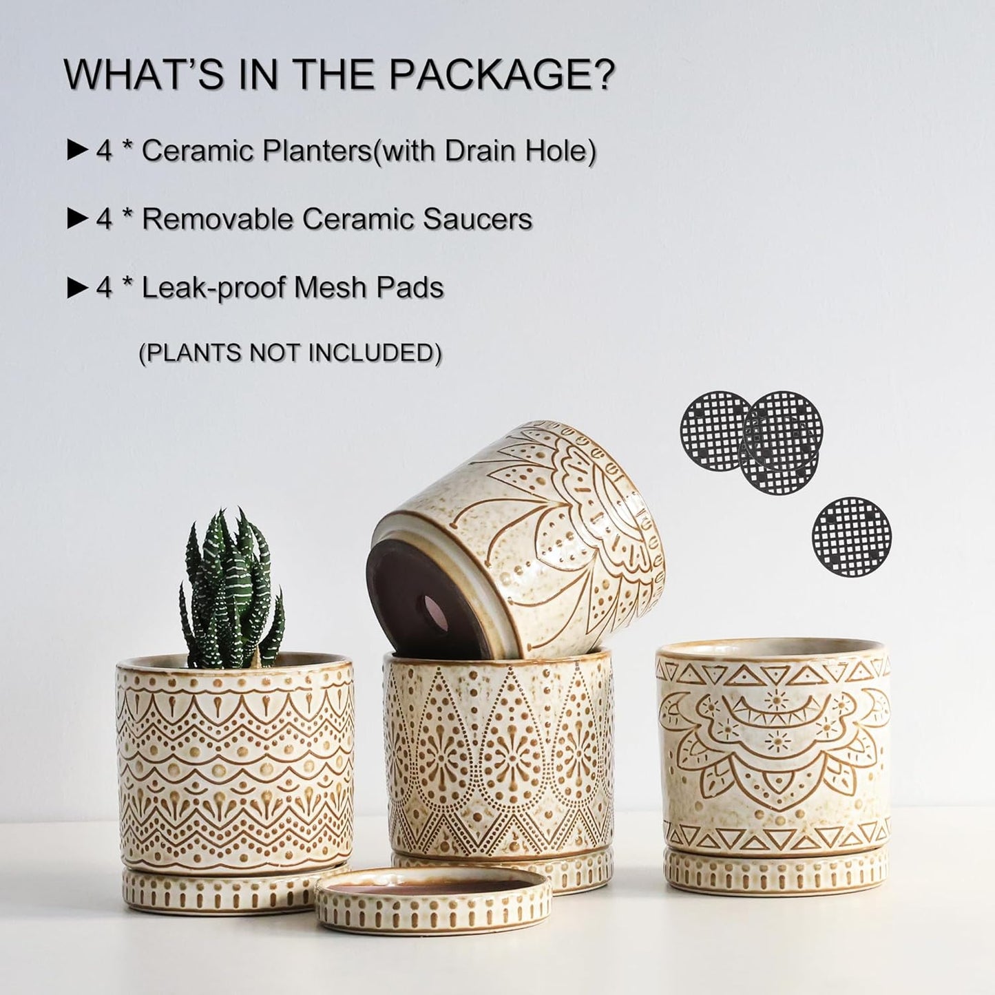 Gepege 6 Inch Beaded Ceramic Planter Set of 2 with Drainage Hole and Saucer for Plants, Indoor-Outdoor Large Round Succulent Orchid Flower Pot (Smoked Gray, Inner-pots not Larger Than 5 Inch)