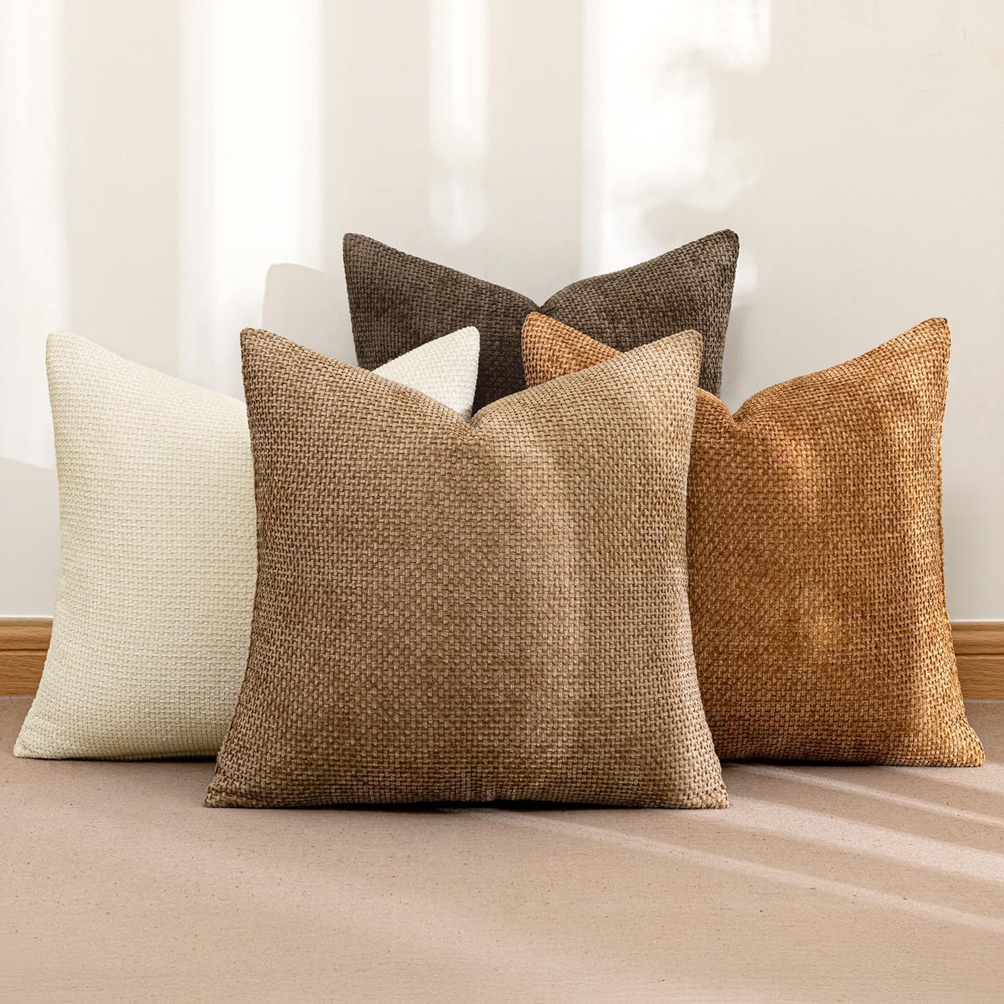 MIULEE Pack of 4 Couch Throw Pillow Covers 18x18 Inch Neutral Soft Decorative Chenille Pillow Covers Farmhouse Boho Cushion Covers for Mid Century Modern Spring Home Decor Sofa Bedroom Living Room