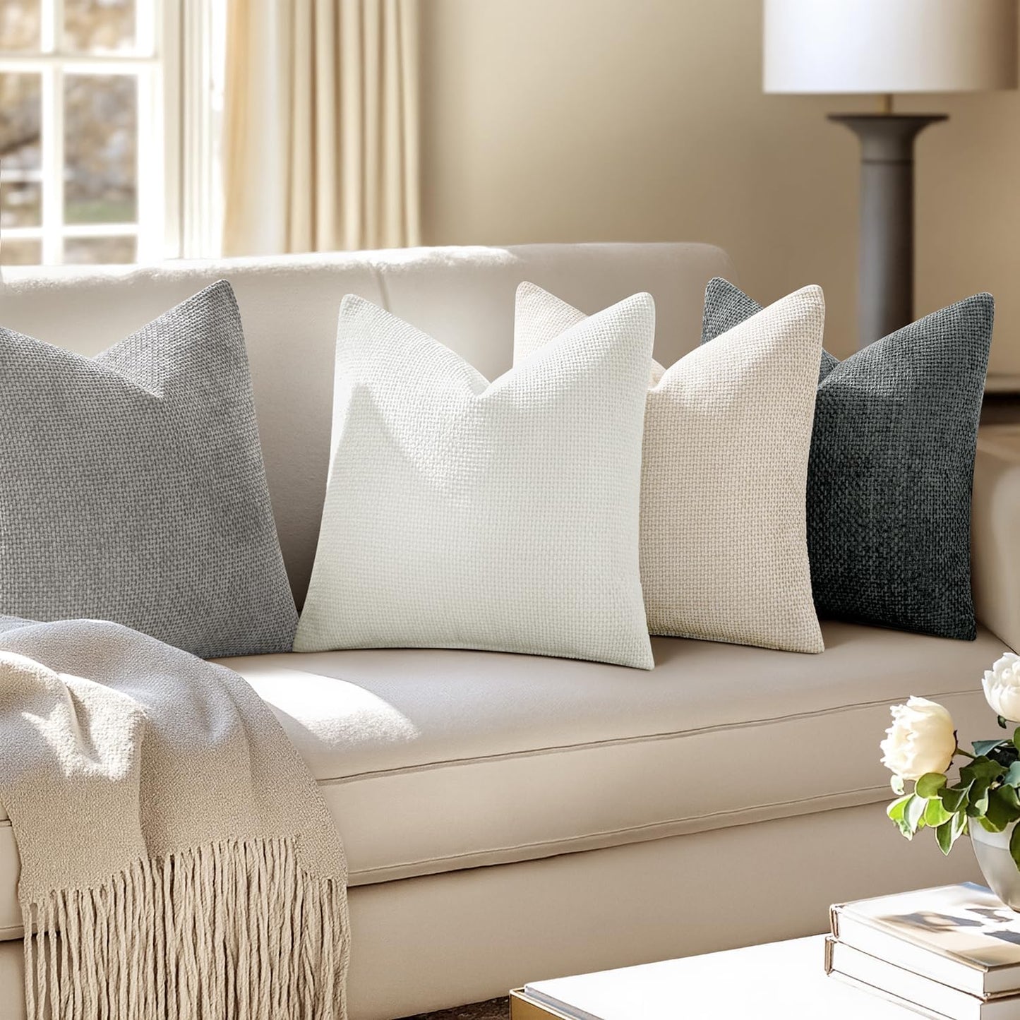 MIULEE Pack of 4 Couch Throw Pillow Covers 18x18 Inch Neutral Soft Decorative Chenille Pillow Covers Farmhouse Boho Cushion Covers for Mid Century Modern Spring Home Decor Sofa Bedroom Living Room