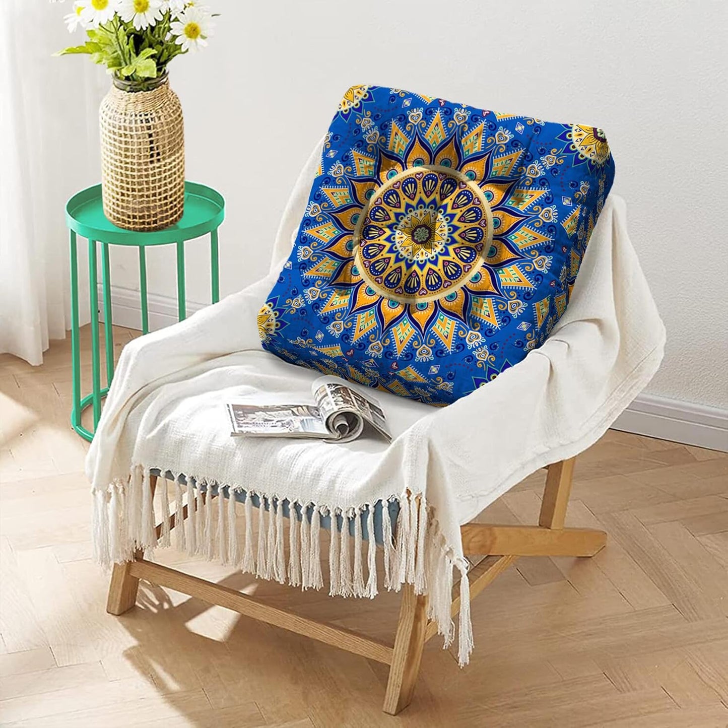 Mandala Meditation Cushion, Boho Meditation Mat, Meditation Pillows for Sitting on Floor, Cushions for Sitting in Home and Outdoor, Square Floor Pillow Cushion Seating for Yoga Accessories 22'' X 22''