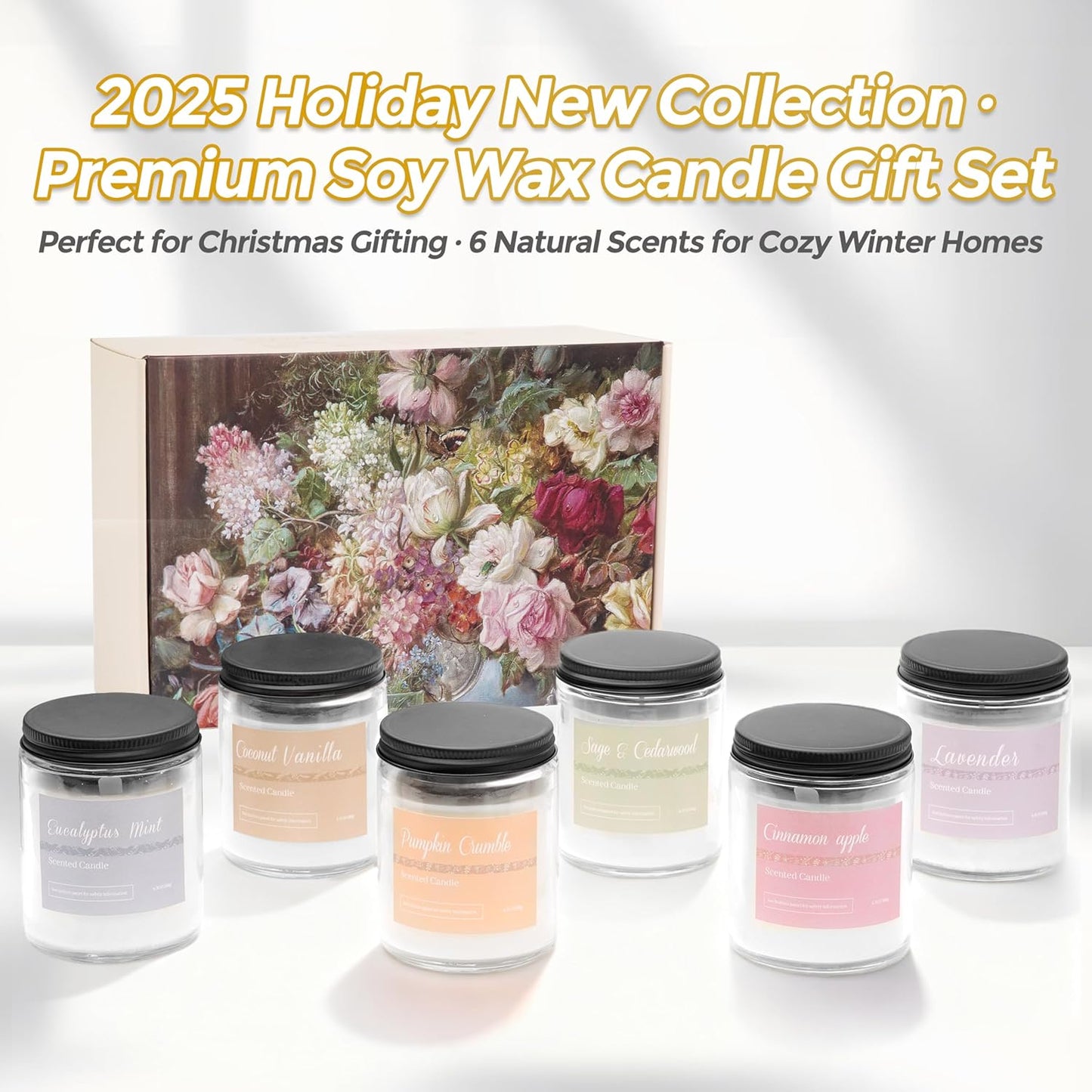 6 Pack Scented Candles Gift Set, Long Lasting Aromatherapy Candles for Home, 37.8 oz 300 Hour Burn, Lavender Jasmine Vanilla Sage Sandalwood Rose Eucalyptus Mint, Gifts for Women