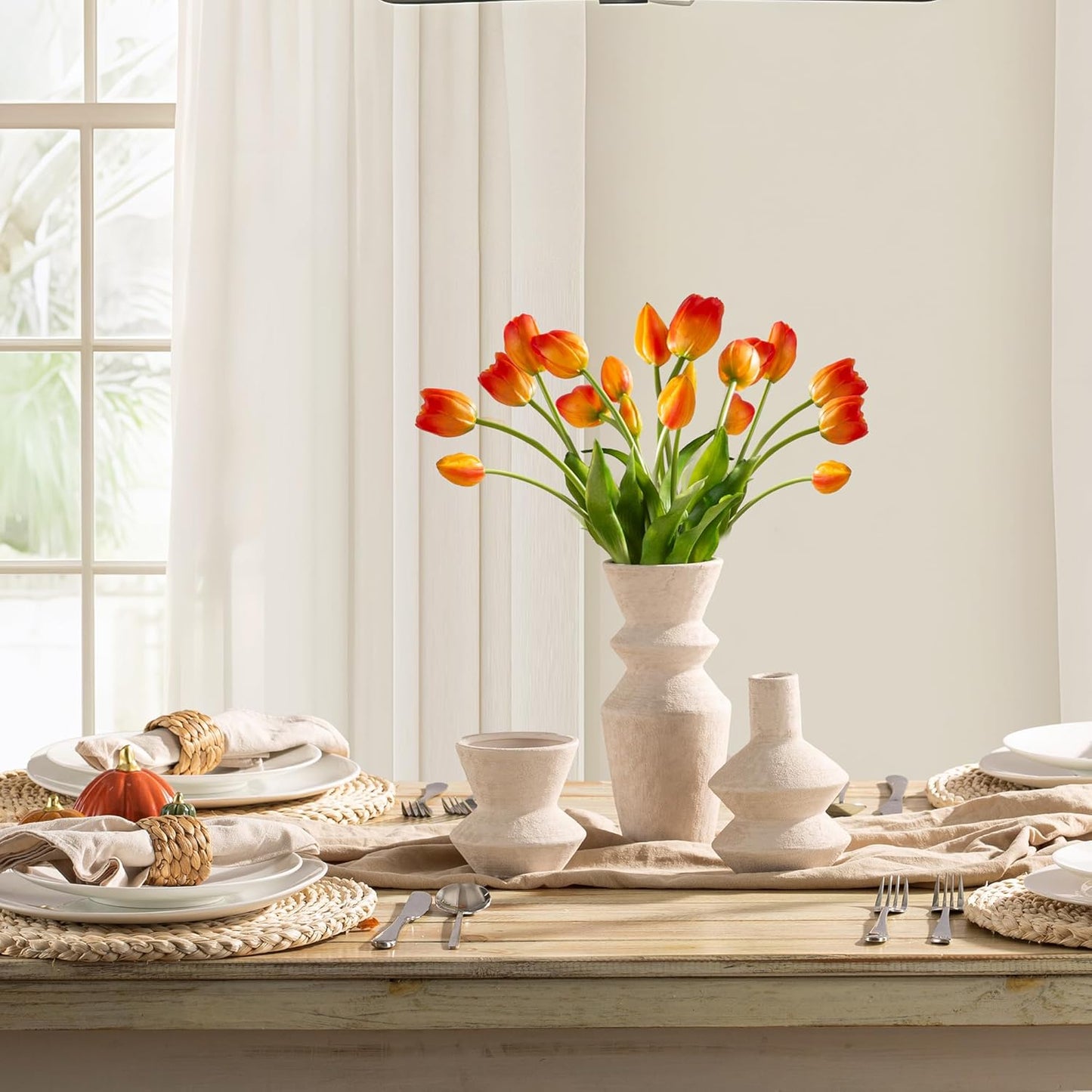Ceramic Vase Home Table Decor - Flower Vase Set of 3 Living Room Kitchen Decorations Farmhouse Modern Rustic Vases Decorative Centerpiece for Shelf Bedroom Office Bathroom Dining Coffee Desk