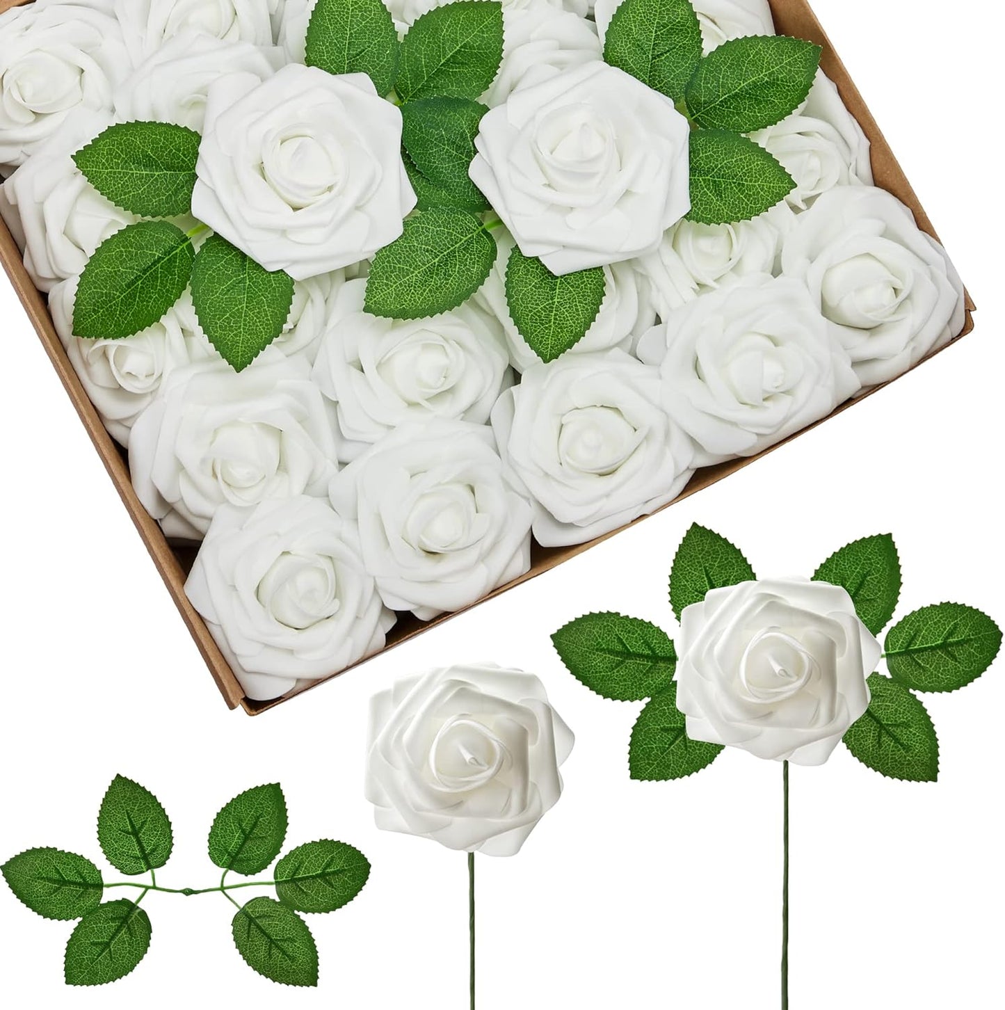 InnoGear Artificial Flowers, 50 Pcs Dark Red Foam Fake Roses Bulk with Stems for Mother's Gift Decoration Celebration DIY Wedding Bouquets Centerpieces Bridal Shower Party Christmas Tree