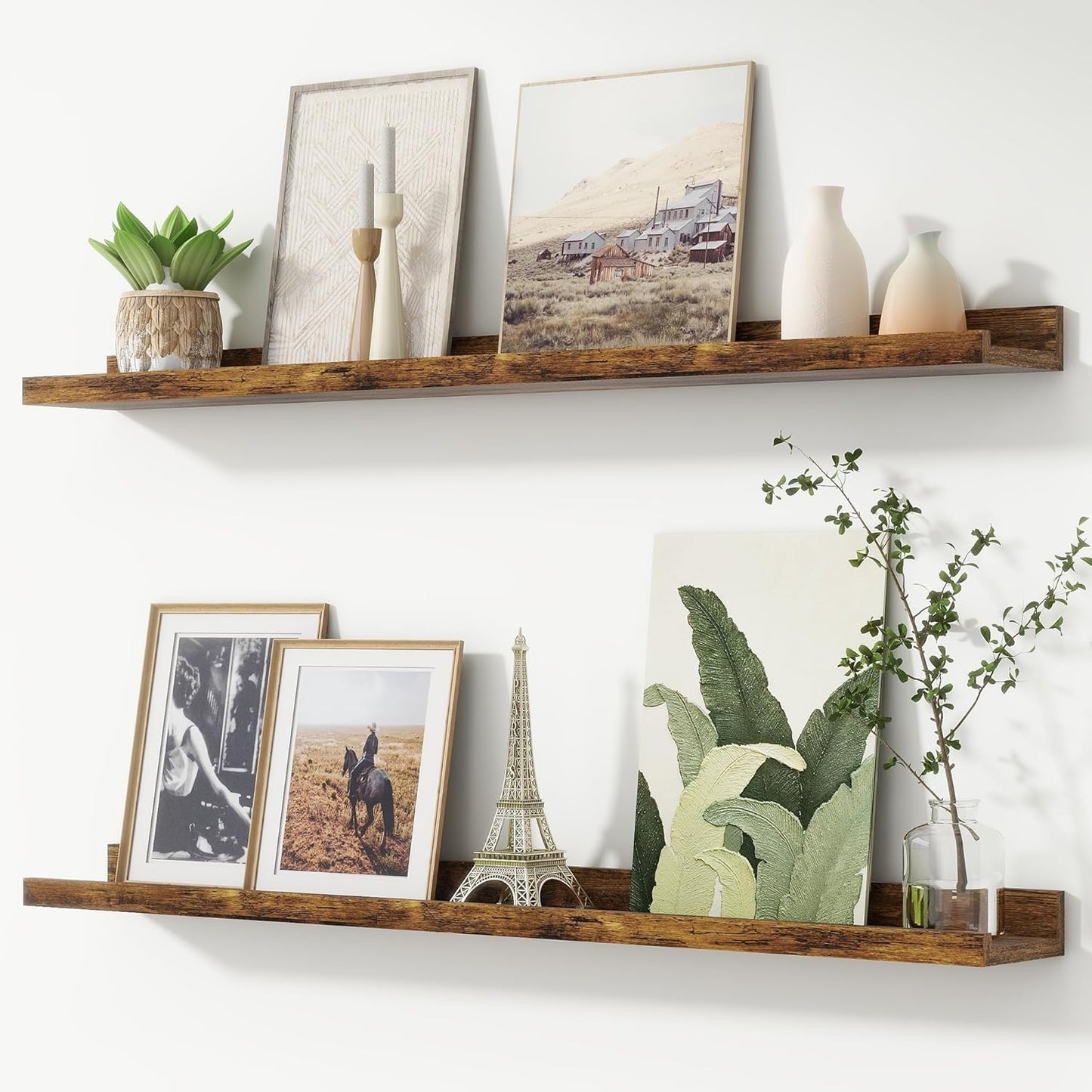FLYJOE Picture Ledge Shelf, Floating Shelves Set of 2, 48 Inches Long Large Nursery Book Shelves for Toys Storage, Kids Bookshelf Wall Mounted for Living Room Bedroom Decor Books Photo Frames, Walnut