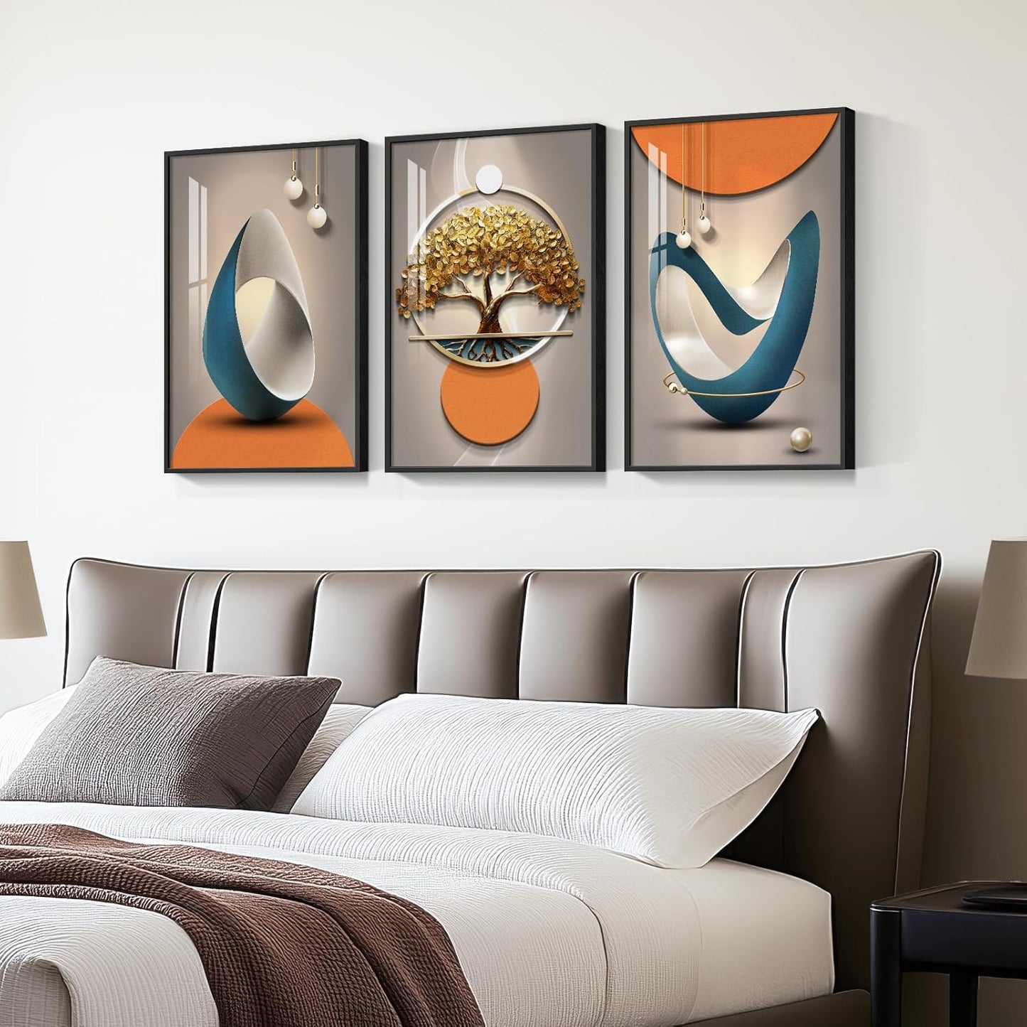 Framed Modern Luxury Gold Wall Art, Set of 3 Piece Contemporary Paintings Artwork for Walls, Golden Prints Pictures with Gold Frame, Wall Decor for Living Room, Hallway, Bedroom, Office 16x24 Inch