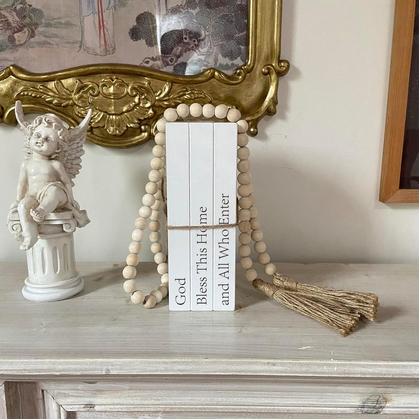Decorative Books for Home Decor, White Faux Books for Decoration, Rustic Farmhouse Stacked Display Books with 52in Wood Bead Garland for Coffee Tables Living Room (TAKE TIME to DO)
