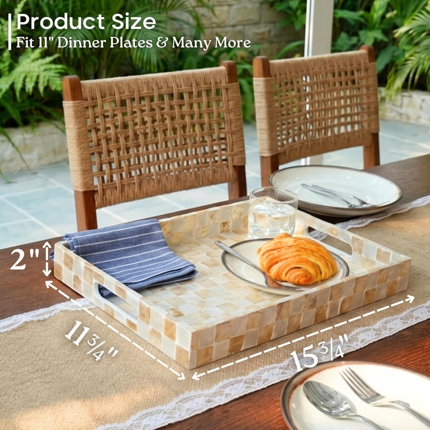 CHI AN HOME 15.8" x 11.8" Decorative Rectangular Tray with Natural Capiz Shells, Checkered Tray with Handles, Serving Tray for Ottoman, Coffee Table, Kitchen Counter Home Decor (Pistachio Green)