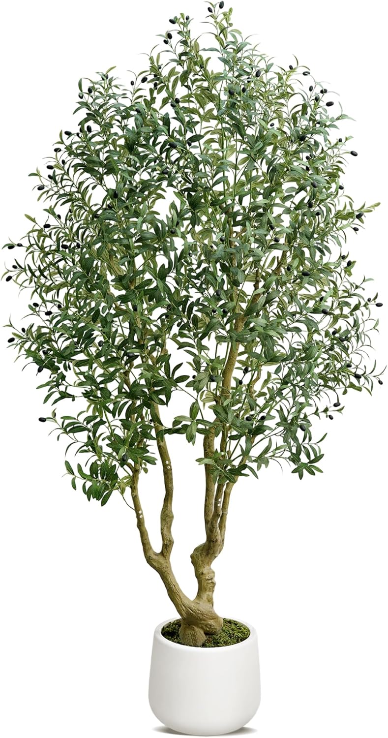 HZXGCP 6ft Artificial Olive Tree Indoor, Fake Olive Tree with White Pot, Faux Olive Tree with Dense Leaves & Realistic Fruits, Tall Artificial Plant for Home Living Room Office Entryway Decor