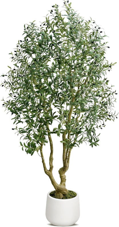 HZXGCP 6ft Artificial Olive Tree Indoor, Fake Olive Tree with White Pot, Faux Olive Tree with Dense Leaves & Realistic Fruits, Tall Artificial Plant for Home Living Room Office Entryway Decor