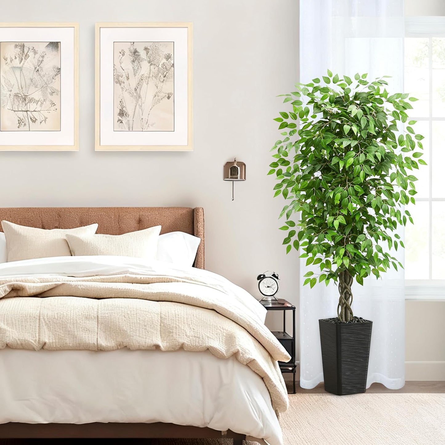 Artificial Ficus Tree 6FT Faux Plants Indoor Tall Fake Plants with White Planter, Green Lifelike Lush Fake Ficus Tree for Home Living Room Bedroom Outdoor Balcony House Office Decor