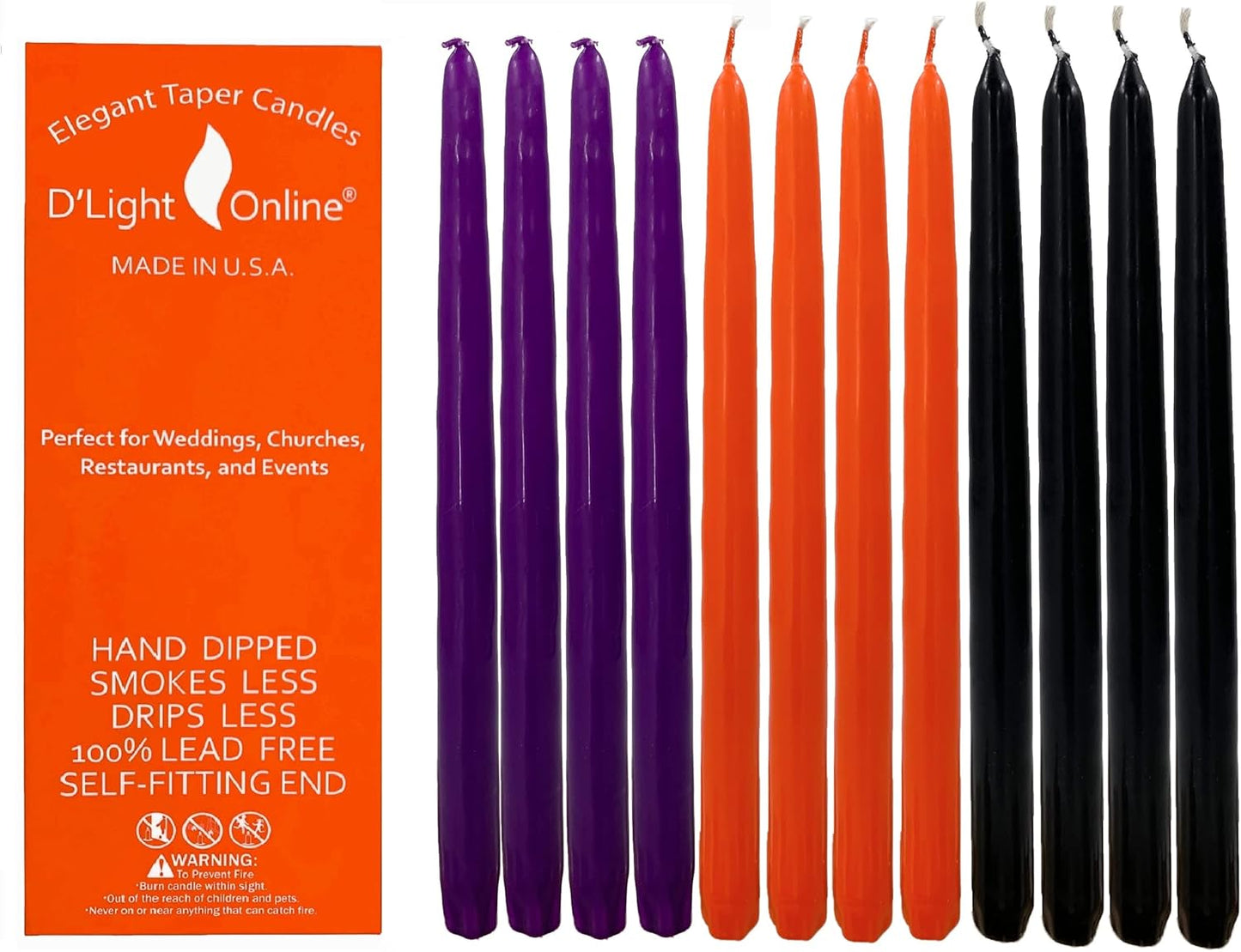 D'light Online White Taper Candles, 10 Inch Premium Quality Candles Hand-Dipped Tapered Candles, Dripless, Smokeless and Unwrapped Bulk Pack for Events - Set of 12 (10 Inch, White)