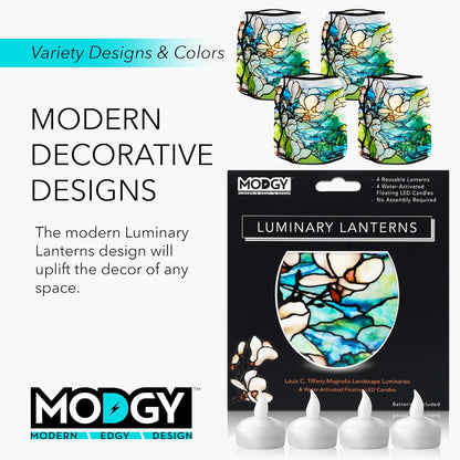 MODGY Luminary Lanterns Candle Holder Decorative Indoor Outdoor Decor, Plastic Candle Lantern Lamps for Wedding Table Centerpiece Porch 4-Pack, with Flameless Floating LED Candles Magnolia