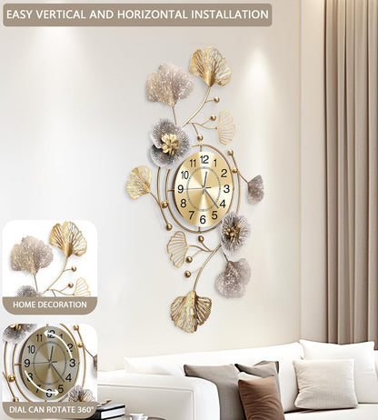 Clocks for Living Room, Large Wall Clock, 3D Silent Wall Clock, Retro Metal Ginkgo Leaf Design, for Bedroom Kitchen Decorative Wall Clocks（32''x18'' ）