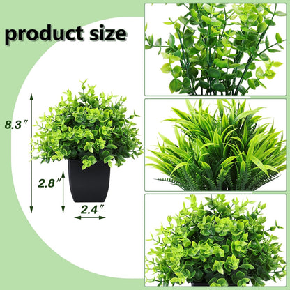 GREENTIME 4 Pack Fake Plants in Black Pot Mini Artificial Eucalyptus Potted Plant Small Faux Grass Greenery Potted for Indoor Home Office Farmhouse Bathroom Table Decoration
