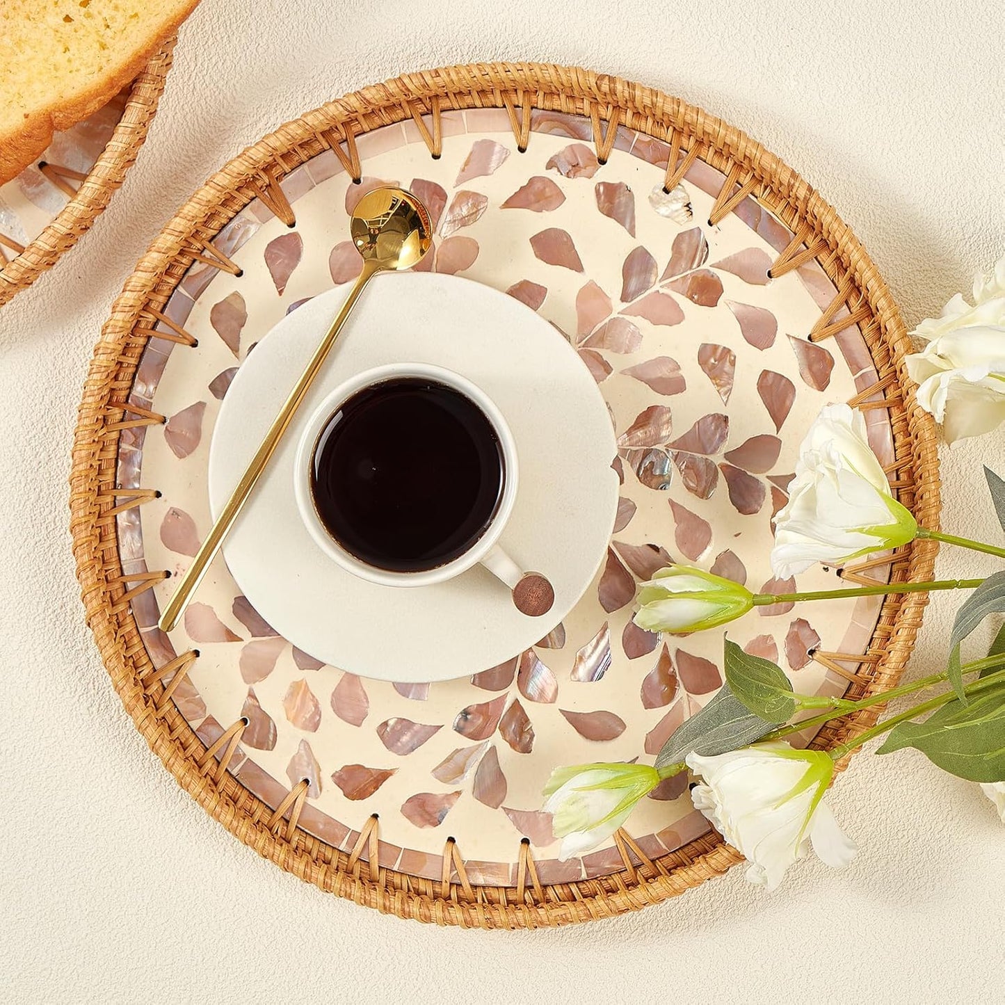 Round Rattan Tray with Mother of Pearl Inlay, Rattan Serving Tray with Wooden Base, Decorative Wicker Basket for Table Decor, Storage and Display of Coffee Bread Food Fruit (Leaf)
