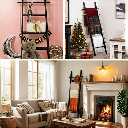 Farmhouse Wooden Blanket Ladder with Removable Hooks, 6-Tier Rustic Blanket Rack Decorative Stand, Leaning Towel Quilt Rack Holder for Bathroom Living Room Decor Brown
