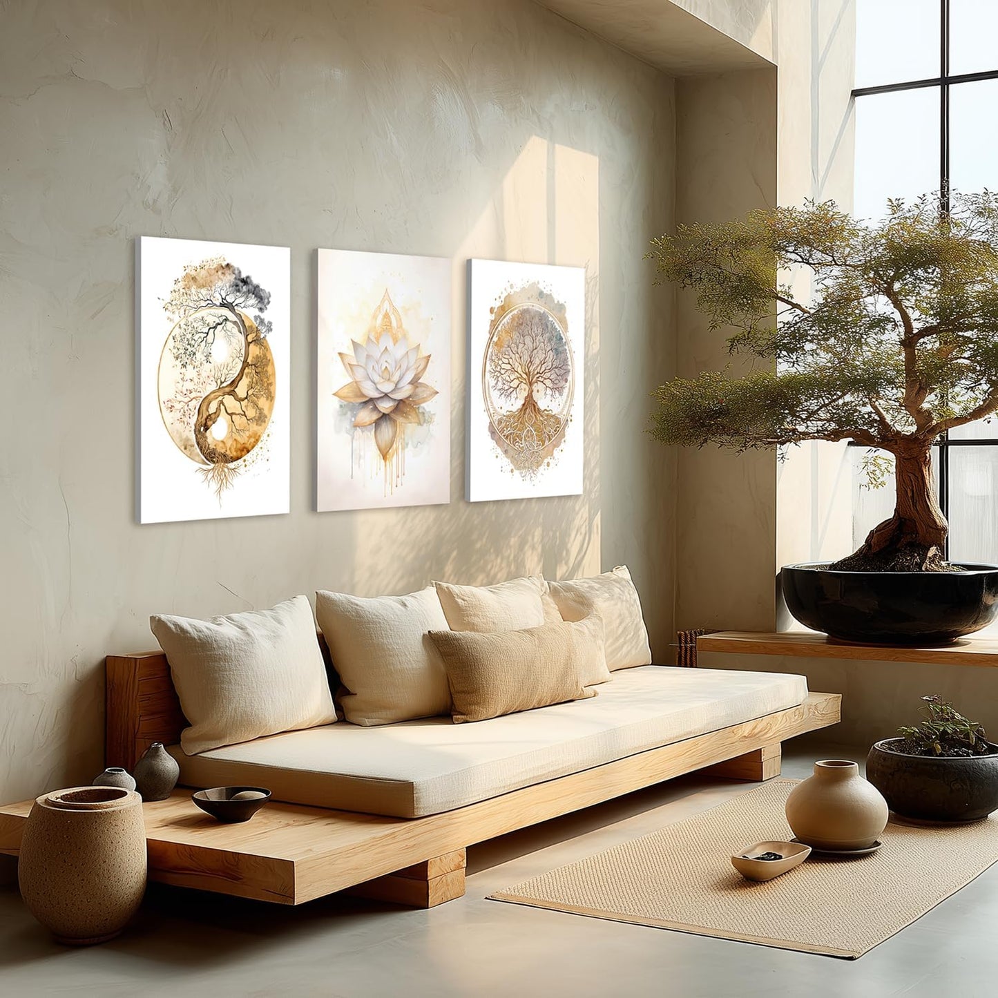 GELDSTEI Calm Zen Botanical Canvas Wall Art, White Lotus Blooming on Stones in Water Aesthetic Pictures, Yoga Spa Meditation Room Decor, Modern Spiritual Poster Prints for Zen Office Framed Set of 3, Each 12x16 Inch