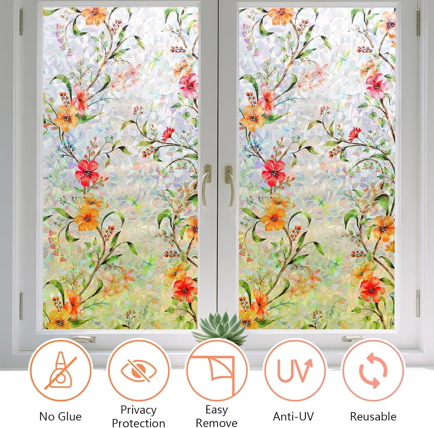 LEMON CLOUD Window Film, Decorative Window Privacy Film, 3D Stained Glass Window Sticker,Anti-UV Sun Blocker Heat Control for Home(Rainbow Tulip Design,17.5 x 78.7 inches)