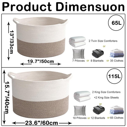 Large Woven Blanket Basket,65L Cotton Rope Laundry Basket Hamper with Handles, Decorative Nursery Basket Storage Bin for Toys, Clothes Organizer, Living Room, Bedroom, Bathroom, White & Brown