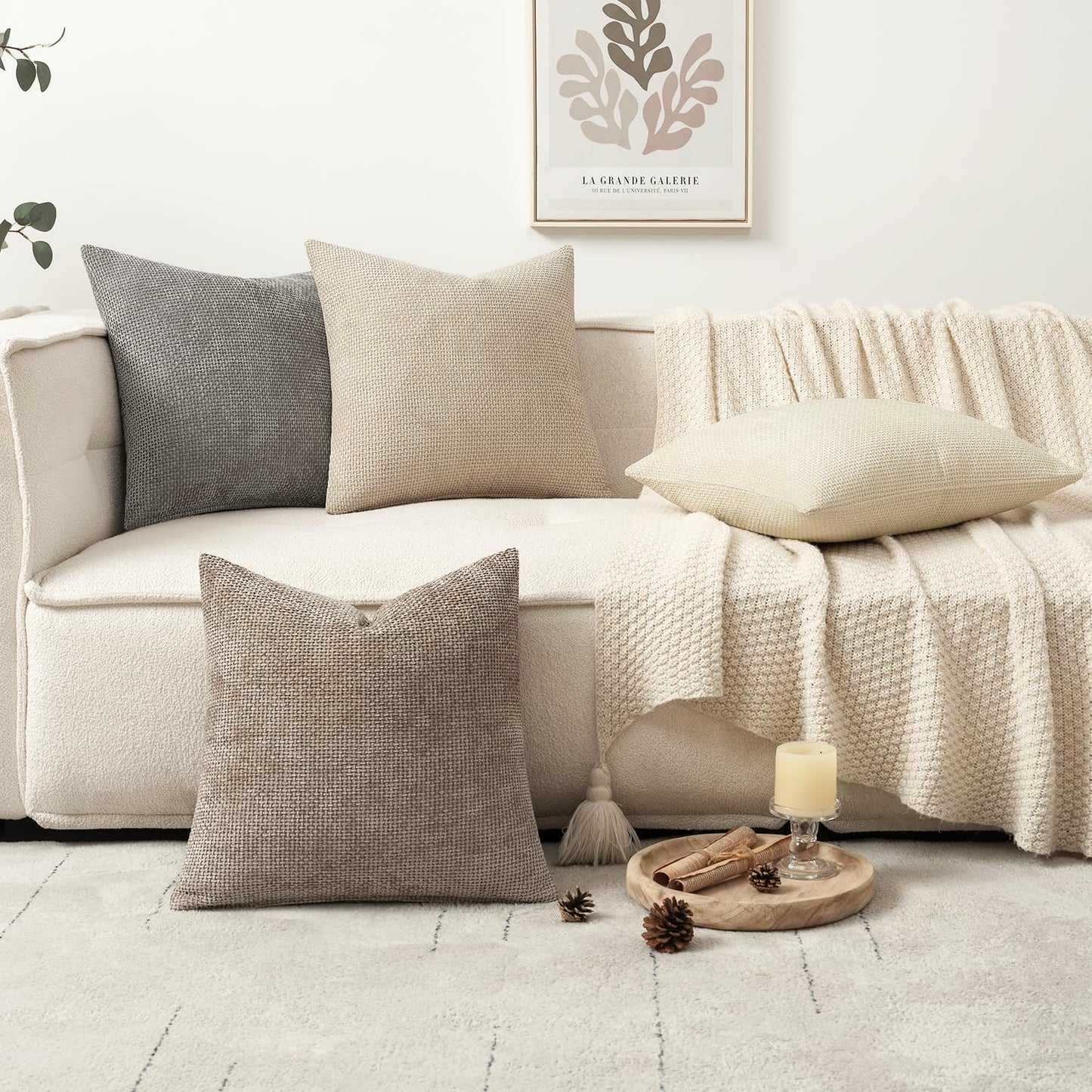 MIULEE Pack of 4 Couch Throw Pillow Covers 18x18 Inch Neutral Soft Decorative Chenille Pillow Covers Farmhouse Boho Cushion Covers for Mid Century Modern Spring Home Decor Sofa Bedroom Living Room