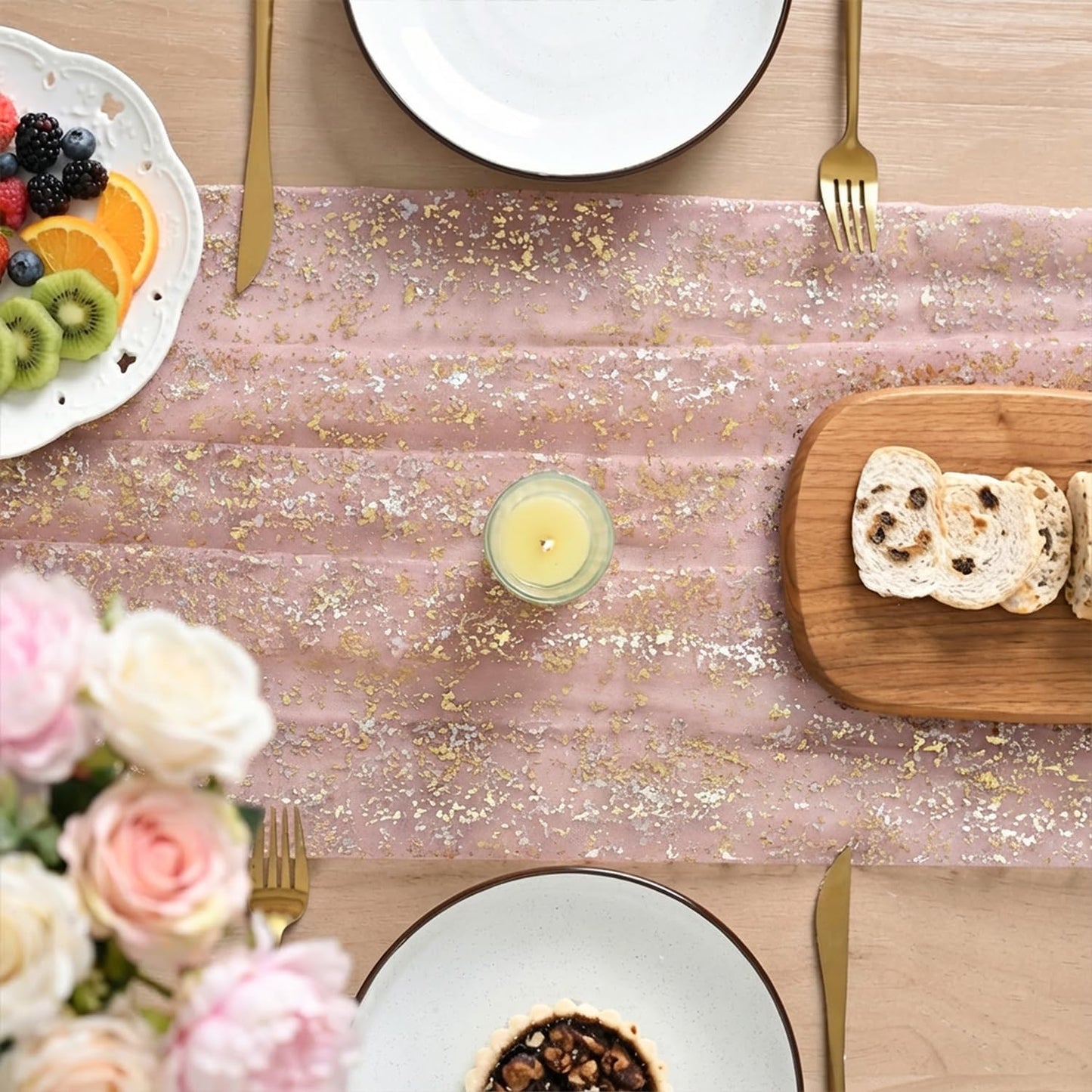 Artoid Mode Beige Gold Gauze Table Runner 120 Inch 10FT, Glitter Metallic Foil Sheer Dining Wedding Anniversary Holiday Birthday Table Decor for Home Party