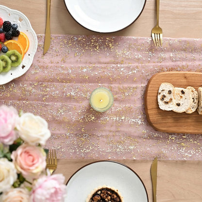 Artoid Mode Beige Gold Gauze Table Runner 120 Inch 10FT, Glitter Metallic Foil Sheer Dining Wedding Anniversary Holiday Birthday Table Decor for Home Party