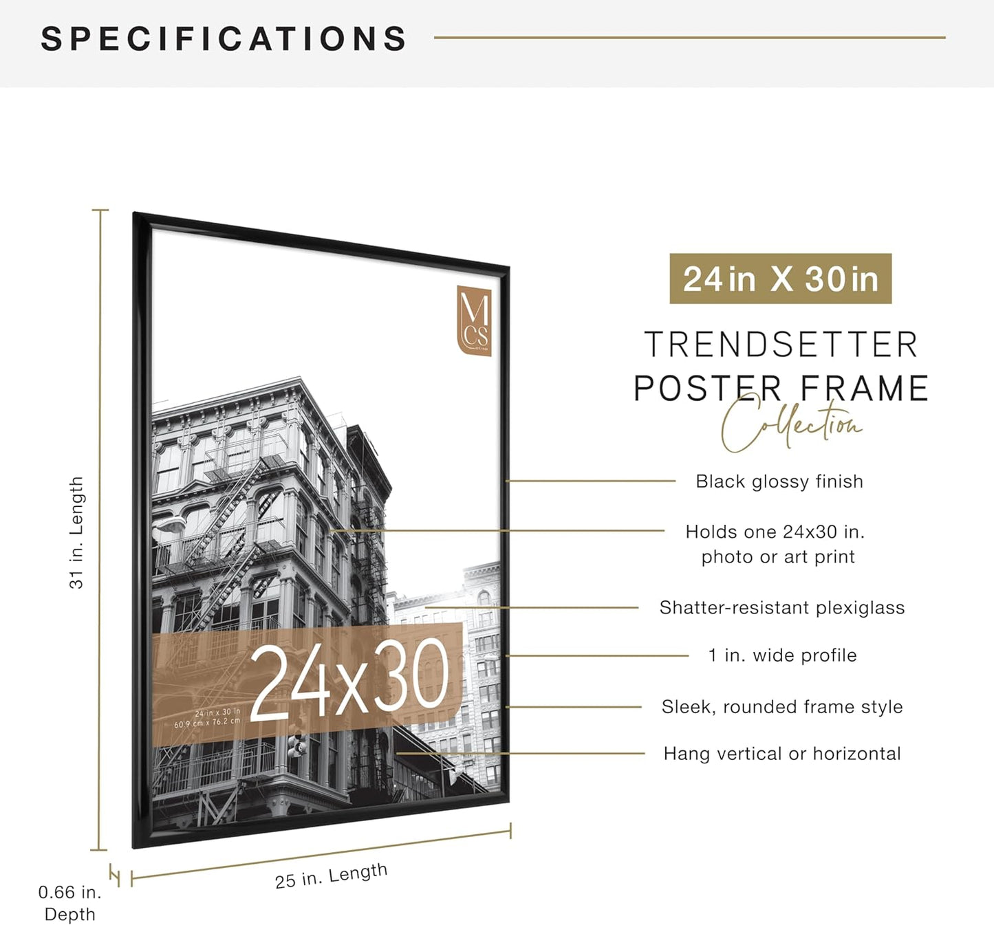 MCS Trendsetter 24x36 Poster Frame Black High-Gloss, Vertical & Horizontal Wall Hanging Large Picture Frame for Photos, Posters & Art Prints (1-Pack)